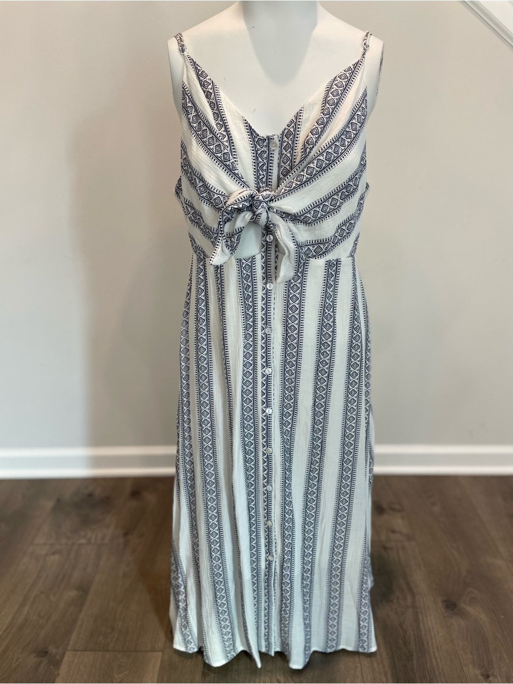 Striped Tie-Front Midi Dress in White & Navy